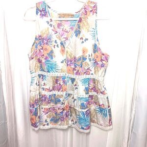 Nine West Vintage America Jeans Sleeveless Blouse SZ M Pearl Snap Buttons Floral